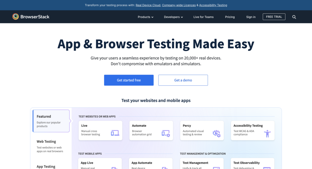 Browserstack Homepage Screenshot